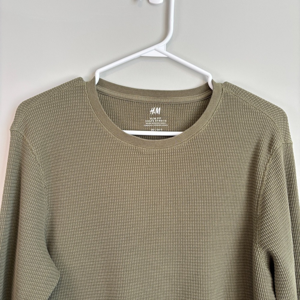 H&M Men's Size Large Long Sleeve Thermal Army Green Waffle Knit Gorpcore Casual - Picture 2 of 8